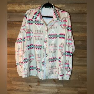 Sterling Kreek Cream Pink Purple Aztec Pearl Snap Shirt Women’s Size 2X Western